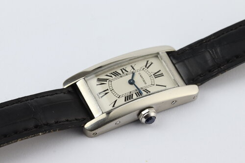 Cartier Tank Americaine Ladies 18ct White Gold Quartz Watch, Ref 1713, white dial, Roman numerals, sapphire crystal, sapphire crown, on a Cartier black leather strap with 18ct white gold pin buckle.