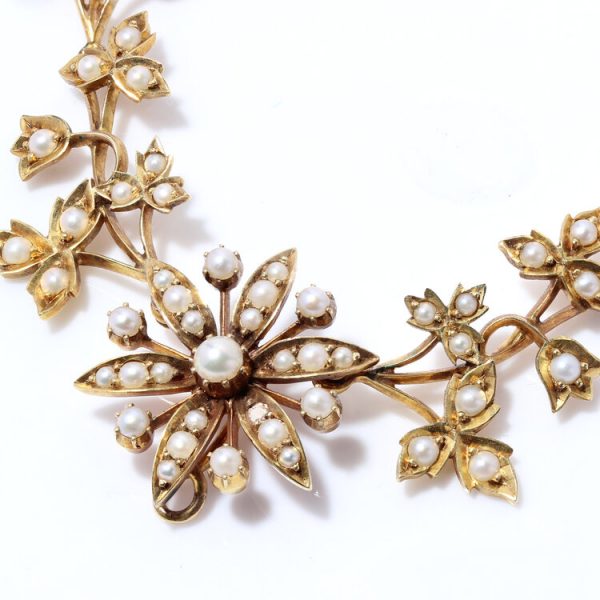 Antique Edwardian 15ct Gold and Seed Pearl Floral Cluster Necklace