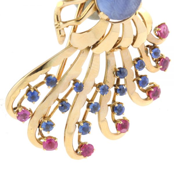 Vintage 2.50ct Carved Sapphire and 18ct Gold Peacock Brooch, c.1970s