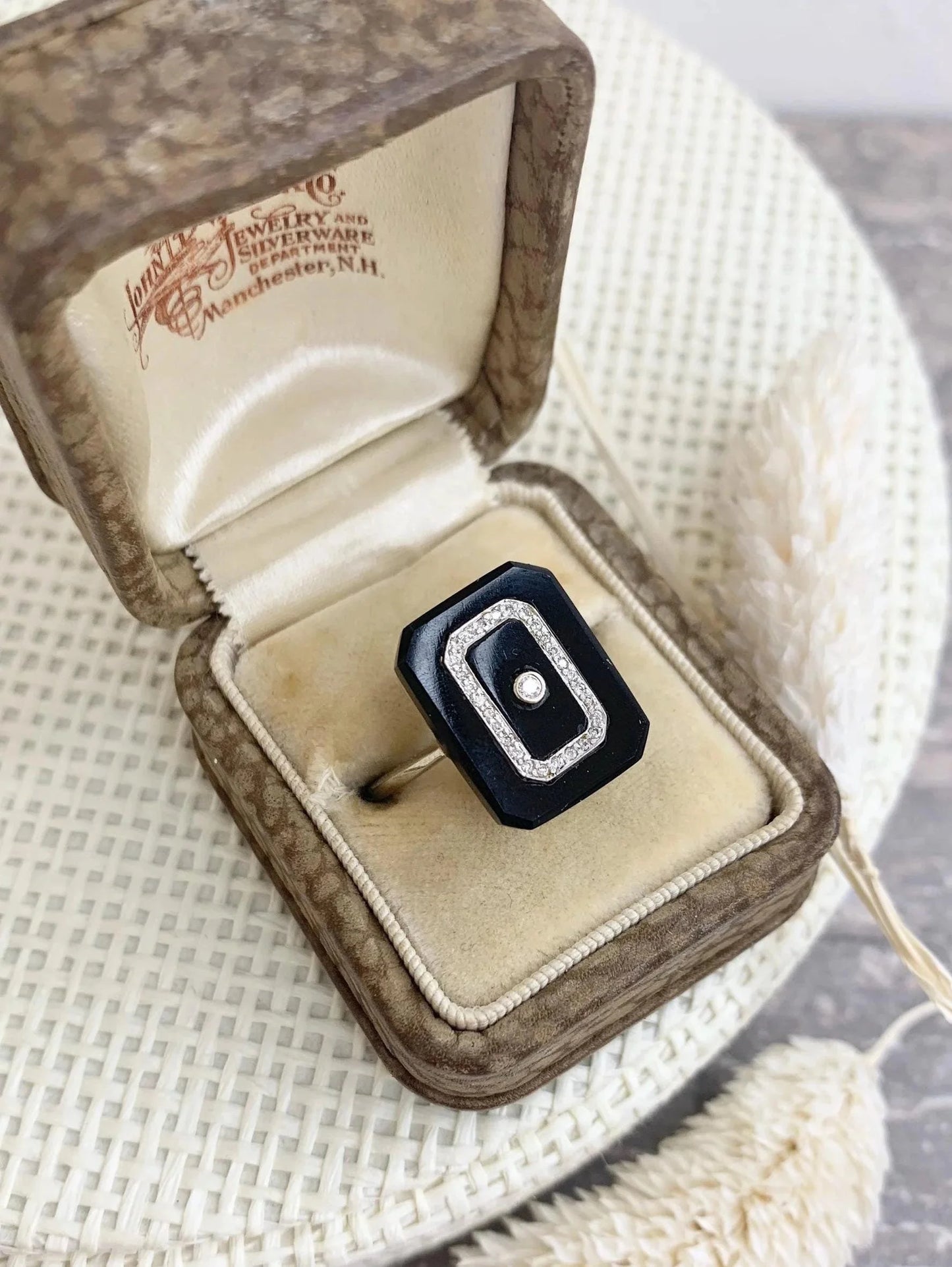 Antique 18ct White Gold, 1920s Art Deco Onyx & Diamond Rectangular Shaped Ring