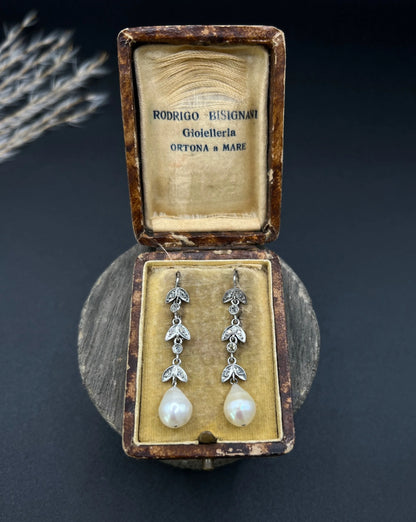 Antique 18 ct White Gold, 1920's Diamond And Pearl Drop Earrings
