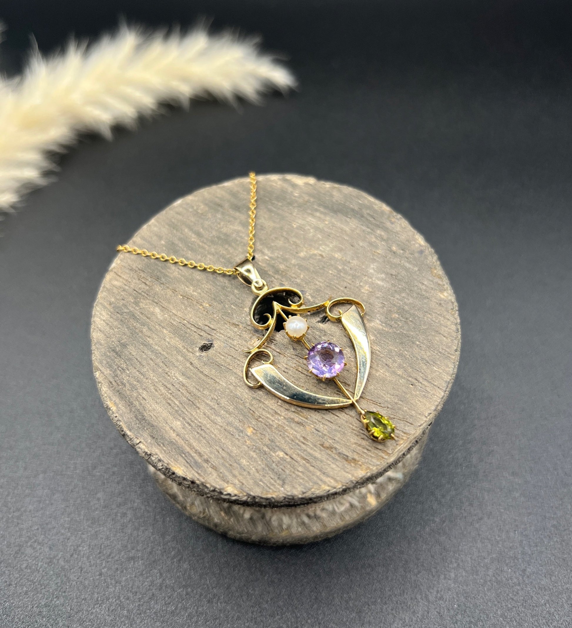Antique 9ct Gold, Edwardian Amethyst, Pearl & Peridot Suffragette Pendant
