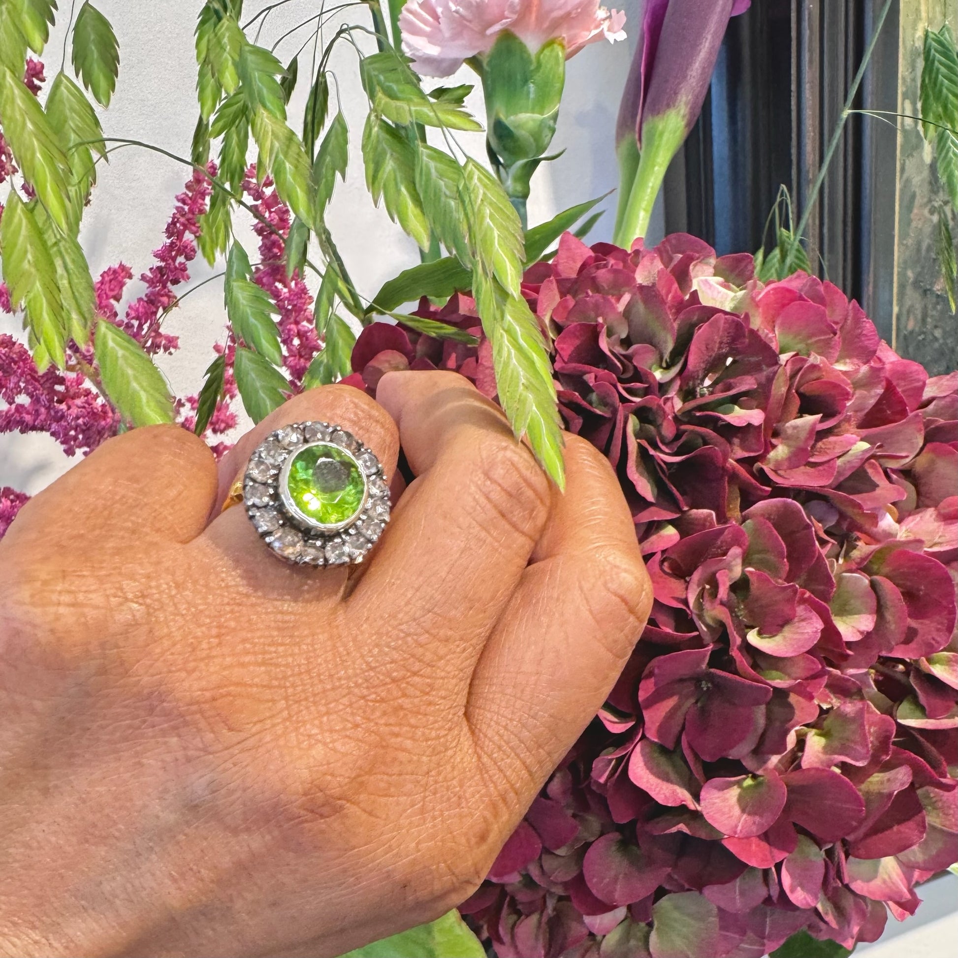 Victorian 14 Carat Gold, Silver, Peridot and Rose-Cut Diamond Oval Cluster Ring
