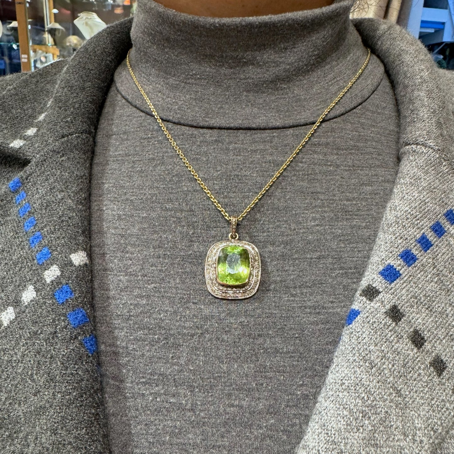 Diamond Peridot Silver-Gilt Cushion-Shaped Pendant 14611-8380