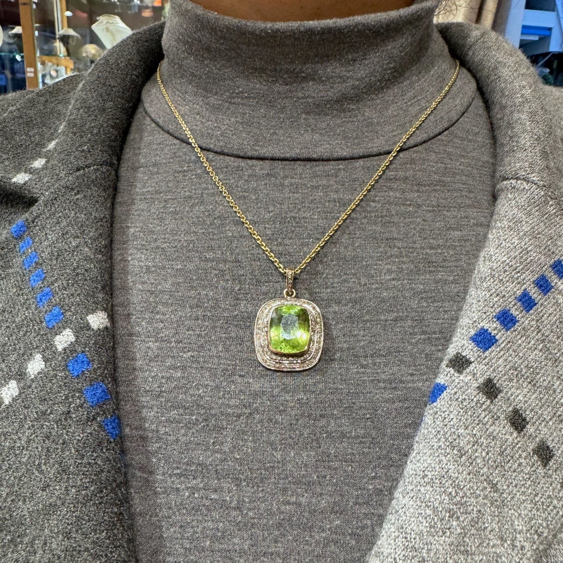 Diamond Peridot Silver-Gilt Cushion-Shaped Pendant 14611-8380