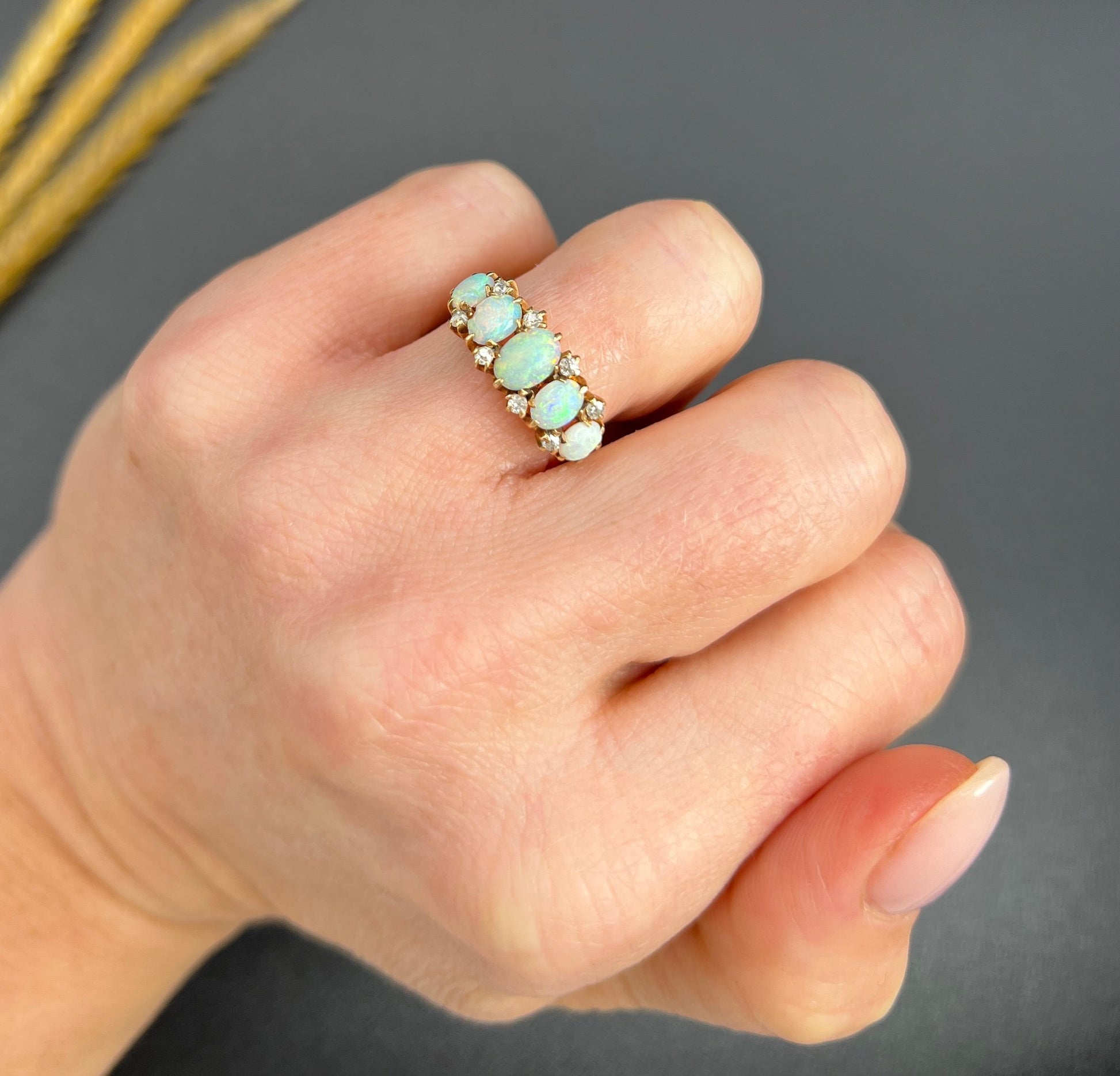 Antique 14ct Yellow Gold Stamped, 1920s Opal & Diamond Five Stone Ring