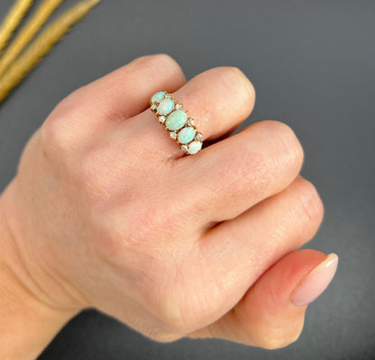 Antique 14ct Yellow Gold Stamped, 1920s Opal & Diamond Five Stone Ring