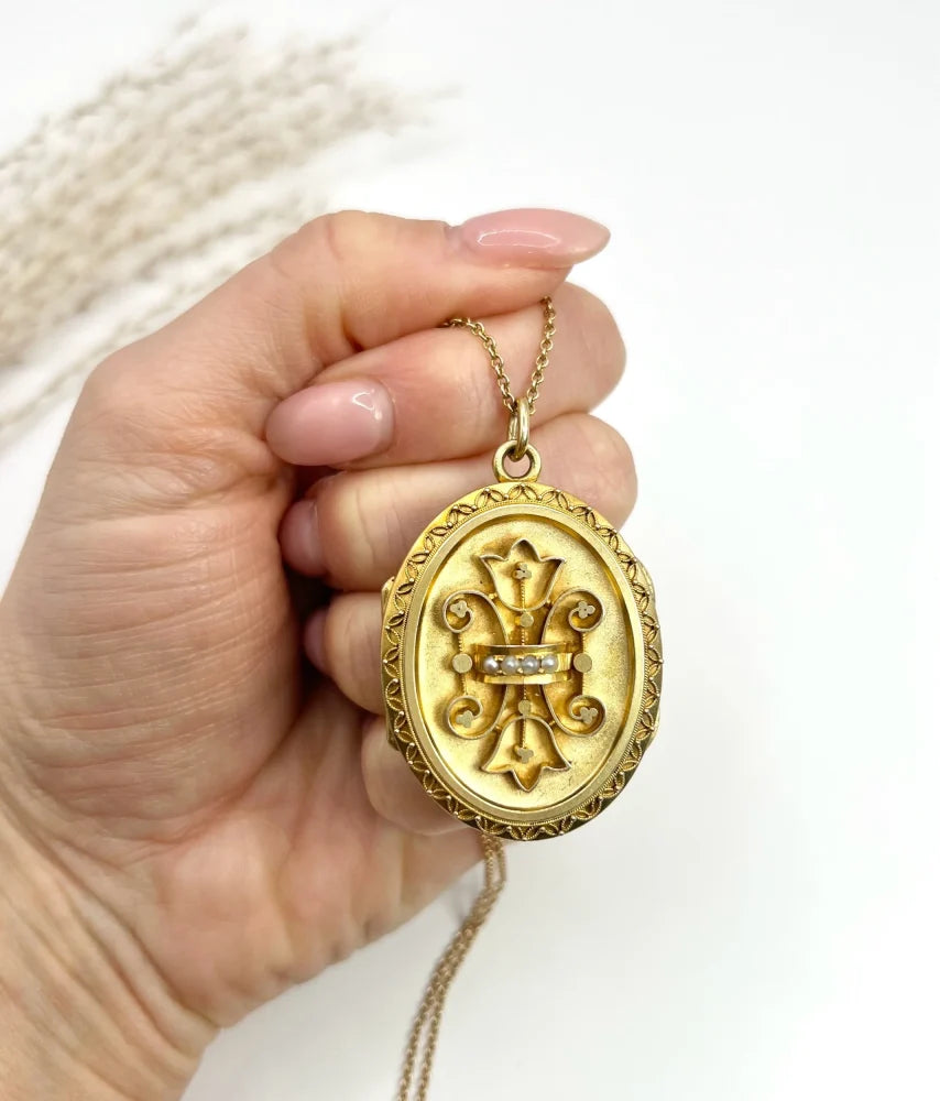 Victorian Fancy Locket With Seed Pearls In 15 Carat Yellow Gold