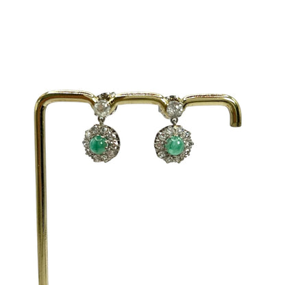 Vintage 1940s Cabochon Emerald and Diamond Daisy Cluster Drop Earrings