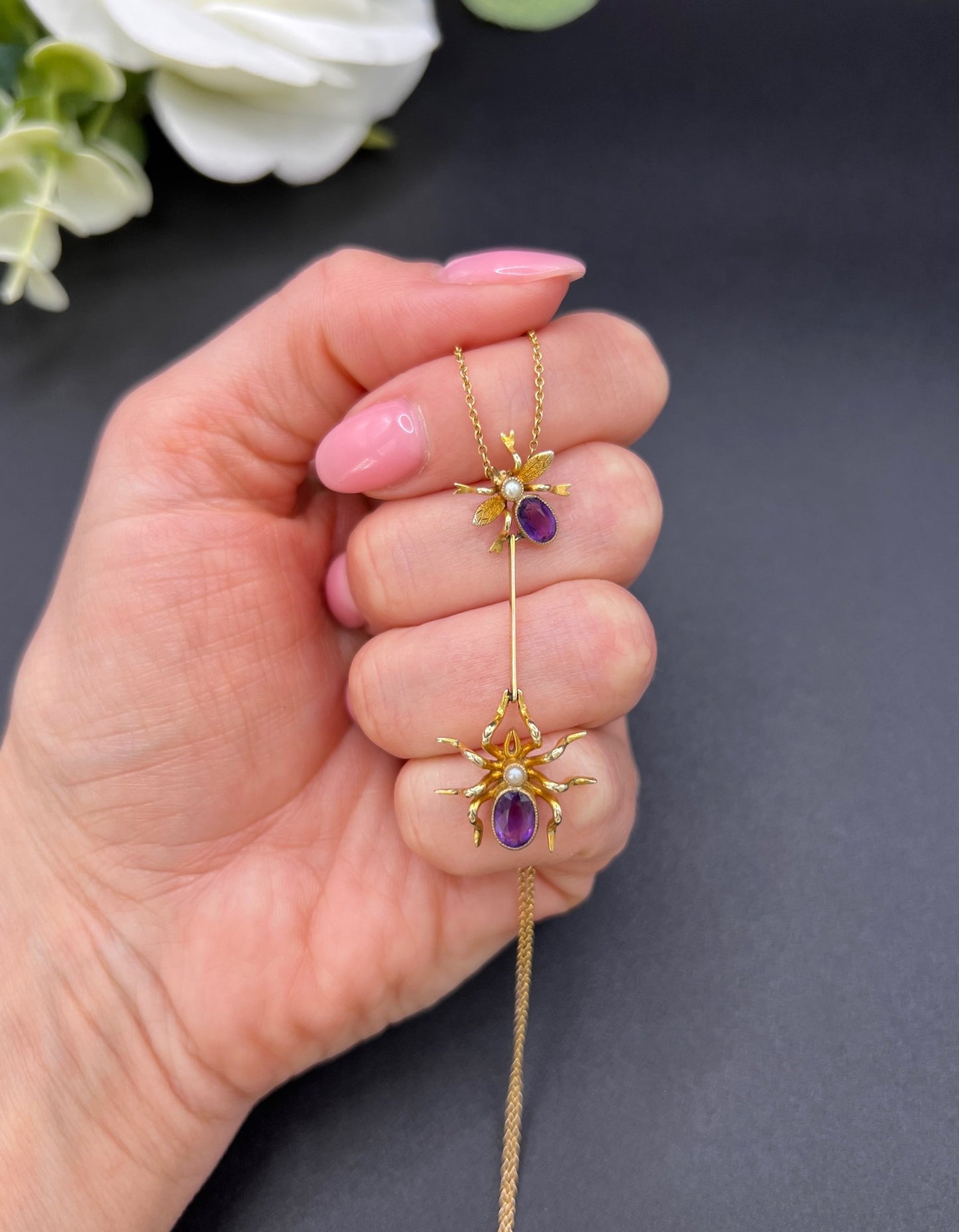 Antique 9 ct Gold, Edwardian Amethyst Spider And Fly Bug Pendant Necklace