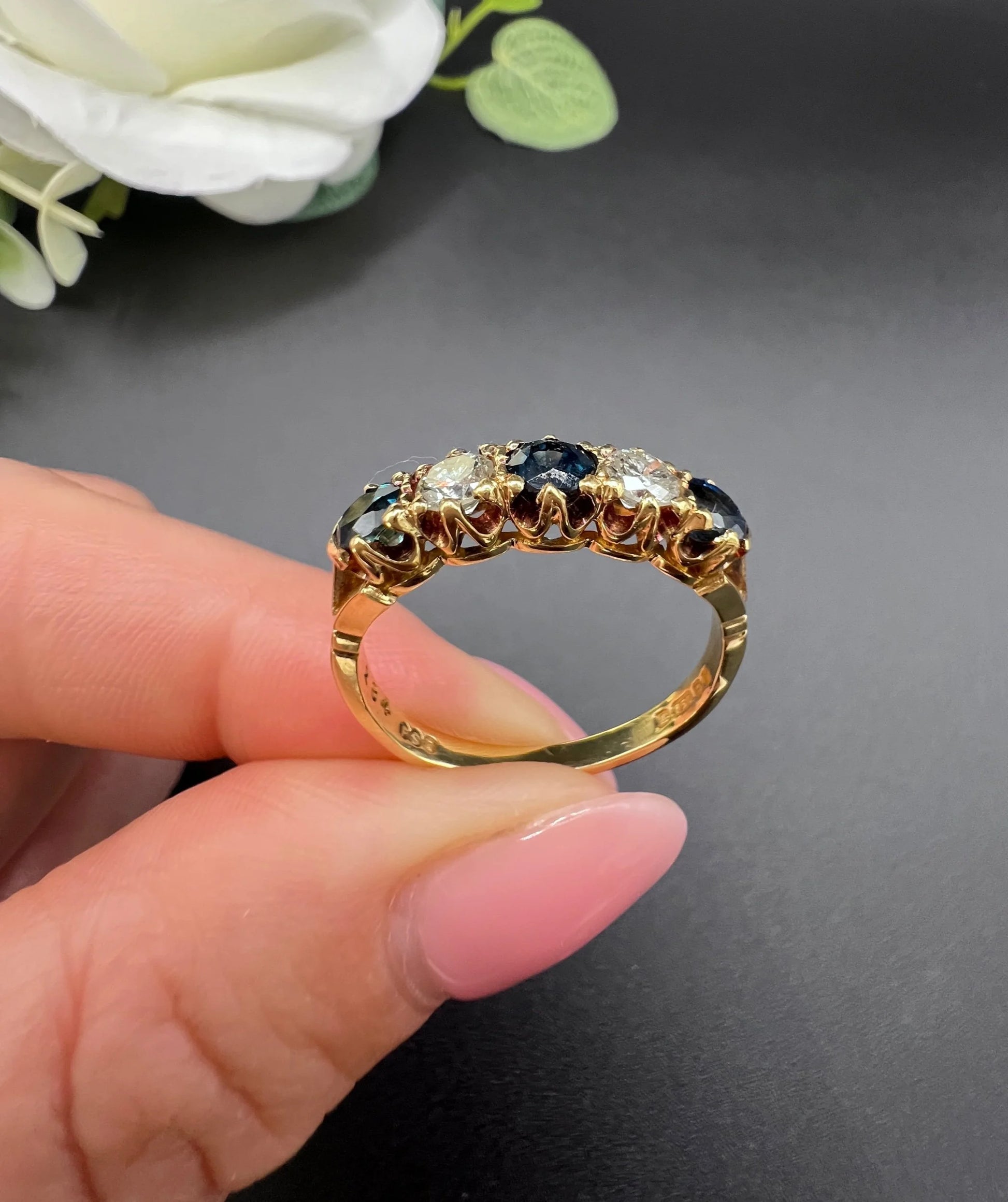 Vintage 18ct Yellow Gold, Victorian Style Sapphire and Diamond Five Stone Ring, London 1976