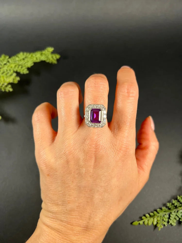 Antique Art Deco Amethyst and Diamond Rectangular Cluster Engagement Ring