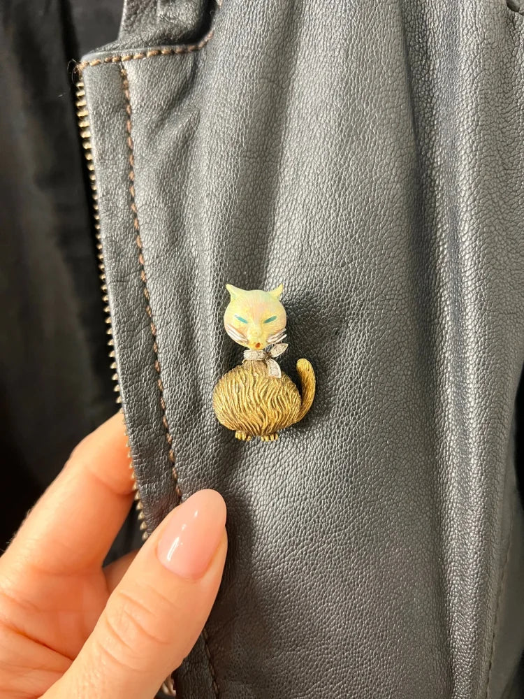 Vintage Enamel And Old Cut Diamond Cat Brooch In 18 Carat Yellow Gold