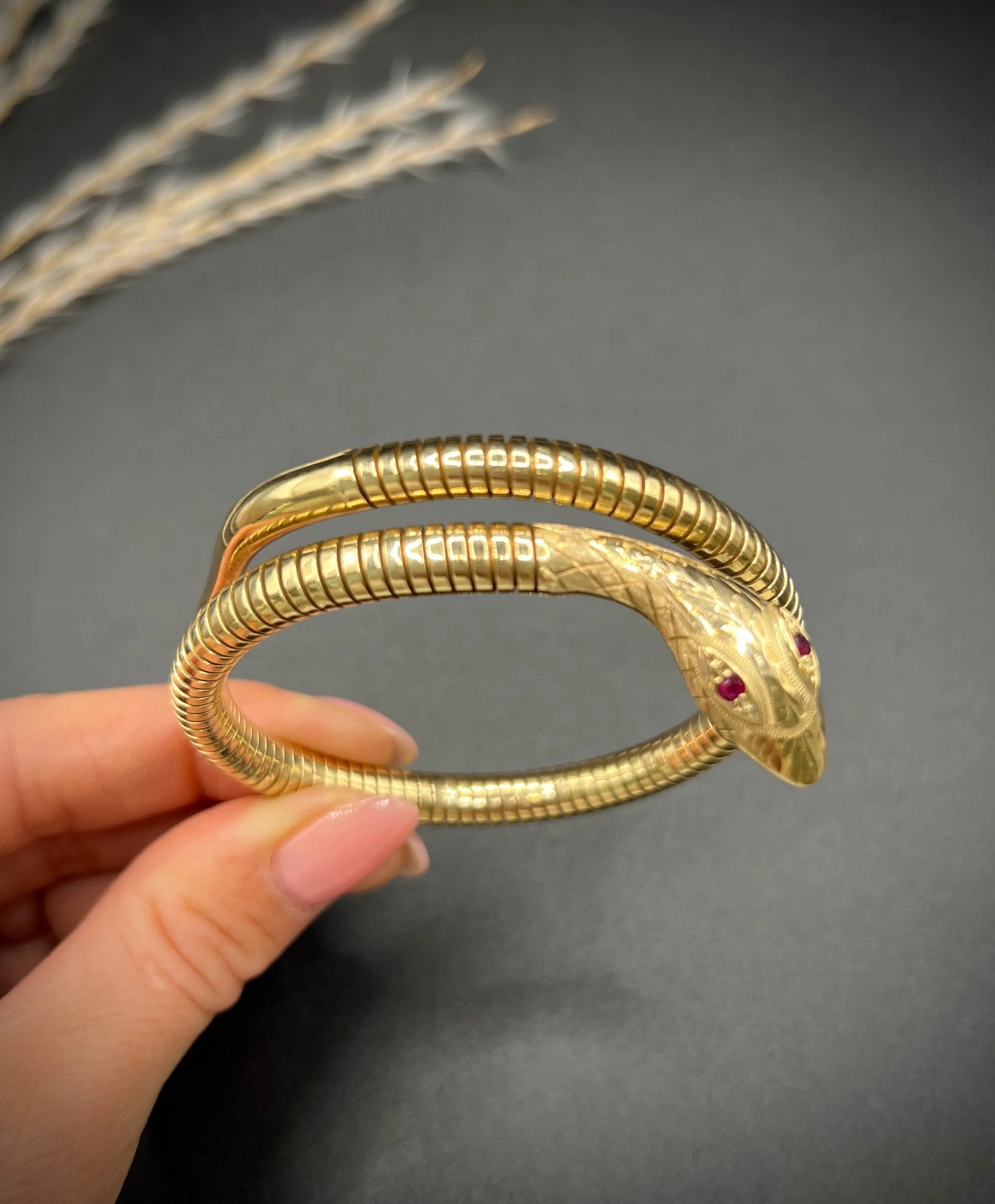 Vintage 9 Carat Yellow Gold Ruby Snake Adjustable Bracelet, Circa 1970