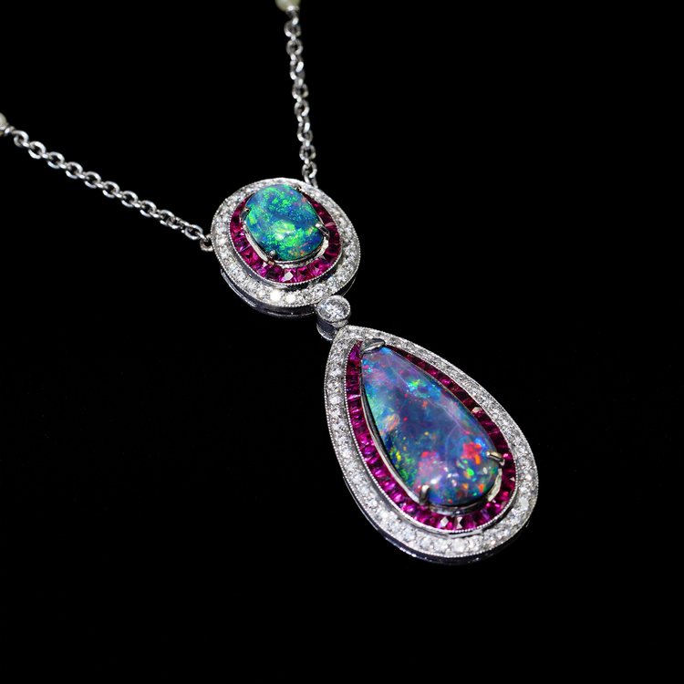 Vintage Black Opal Pendant with Rubies and Diamonds