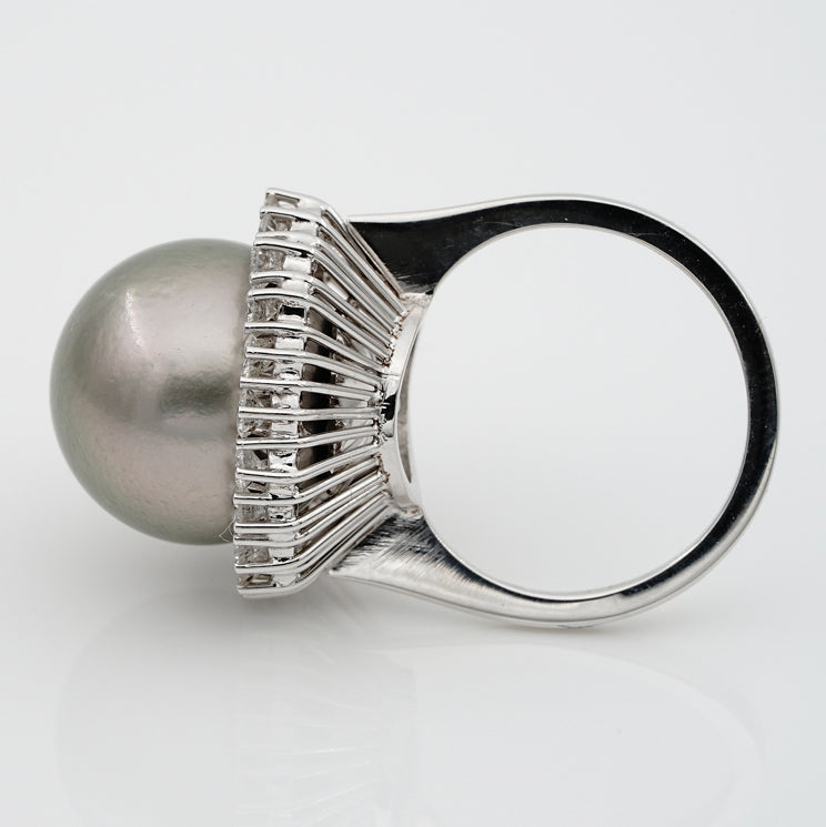 Vintage Black South Sea Pearl and Diamond Cluster Cocktail Ring