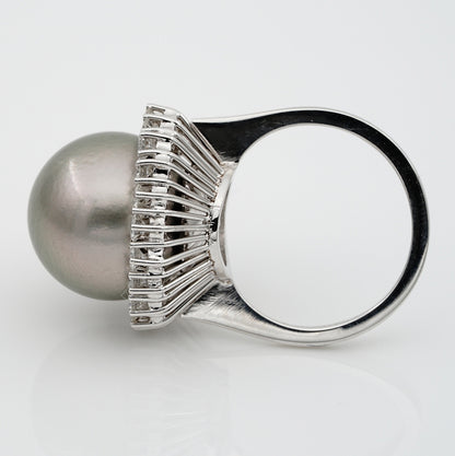 Vintage Black South Sea Pearl and Diamond Cluster Cocktail Ring