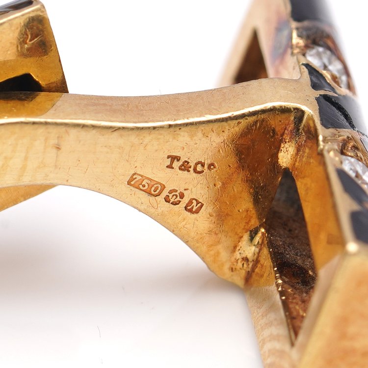 Vintage Tiffany and Co 18ct Yellow Gold Cufflinks with Black Enamel and Diamonds