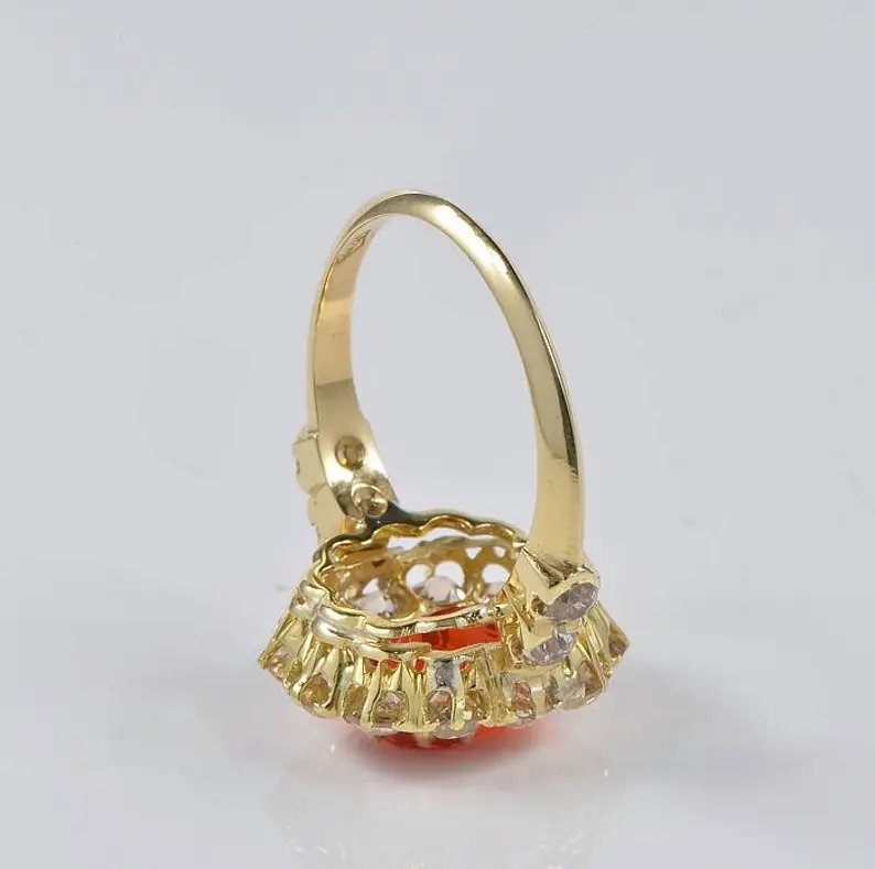 Antique Victorian 2ct Fire Opal and Diamond Cluster Ring