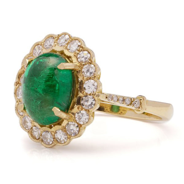 Vintage 6.31ct Oval Cabochon Zambian Emerald and Diamond Cluster Ring