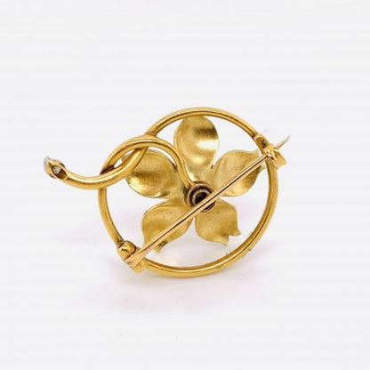 Antique Victorian Enamel, Diamond and Gold Flower Brooch, 19th century Circa 1890