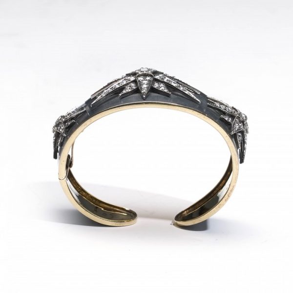 Vintage Rose Cut Diamond Star Cuff Bangle Bracelet in Silver Upon Gold