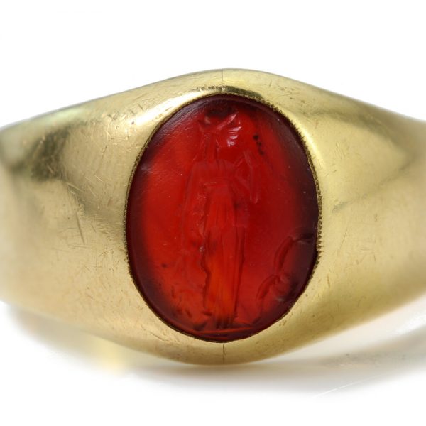 Antique Roman Carnelian Intaglio on Victorian 15ct Gold Ring; Roman Carnelian intaglio of a lady mounted to a 15ct yellow gold Victorian ring shank. Carnelian Intaglio Circa circa 2nd Century A.D. Ring shank made in 1870s