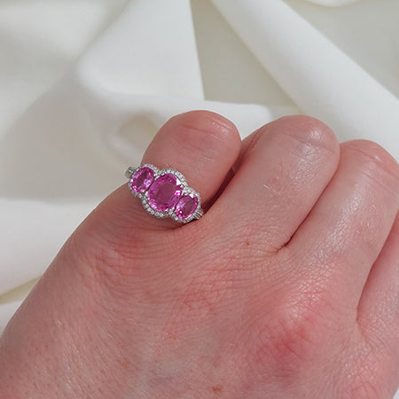 Pink Sapphire and Diamond Three Stone Cluster Dress Ring