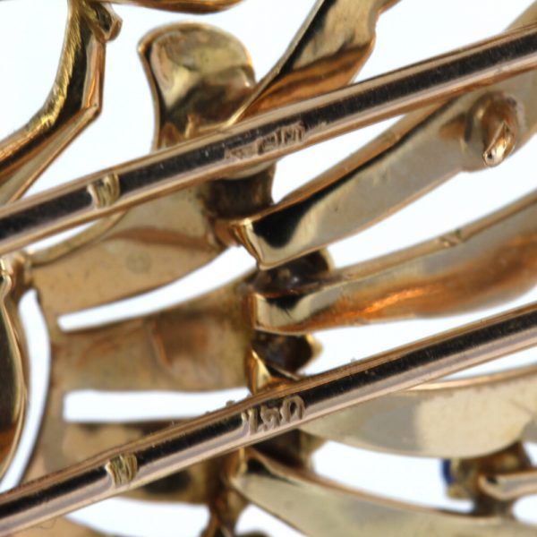 Vintage 2.50ct Carved Sapphire and 18ct Gold Peacock Brooch with blue sapphires and rubies, Circa 1970s