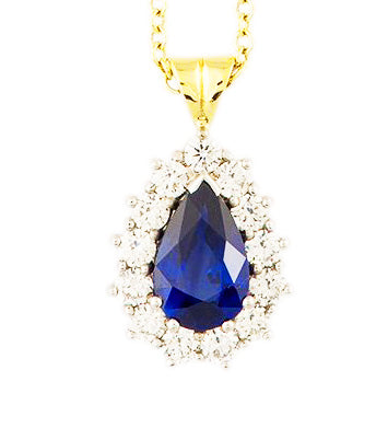 Pear cut Sapphire and Diamond Cluster Pendant, 3.22 carats, 18ct Gold