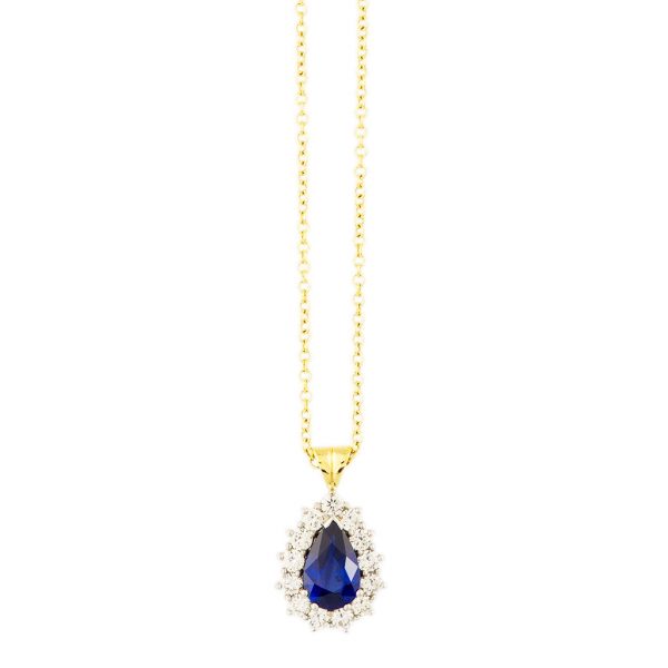 Pear cut Sapphire and Diamond Cluster Pendant, 3.22 carats, 18ct Gold