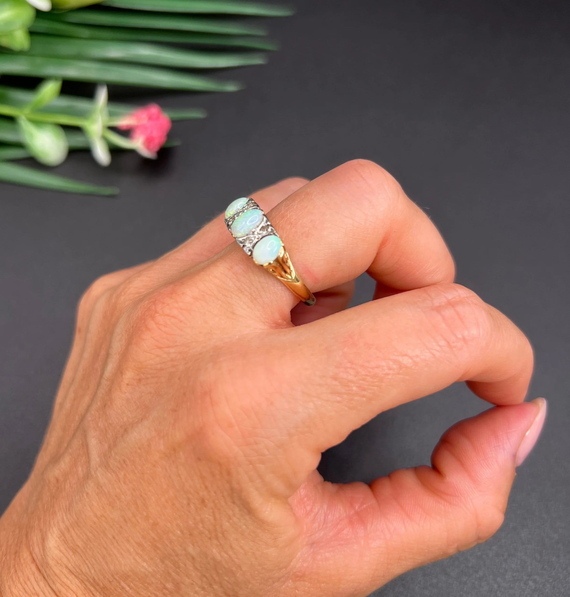 Antique 18 Carat Yellow Gold and Platinum Opal and Diamond Seven Stone Ring, Circa 1910