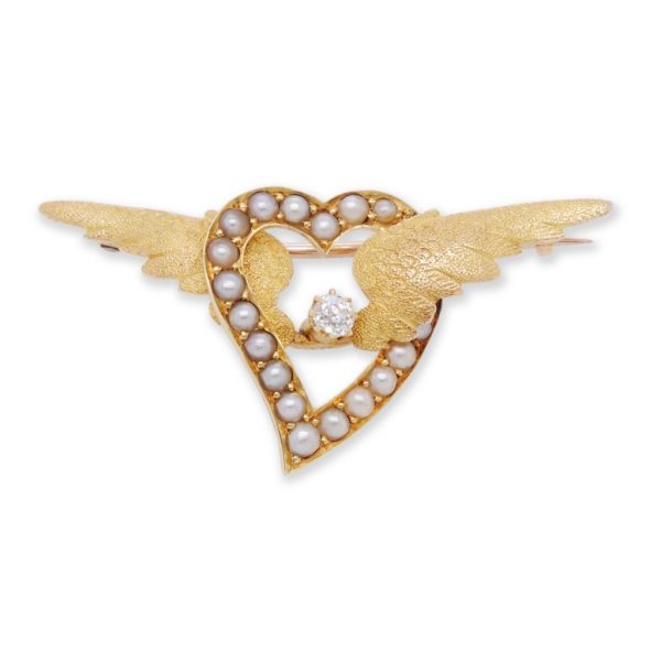 Victorian Diamond and Pearl Heart Sweetheart Brooch, 15ct Yellow Gold