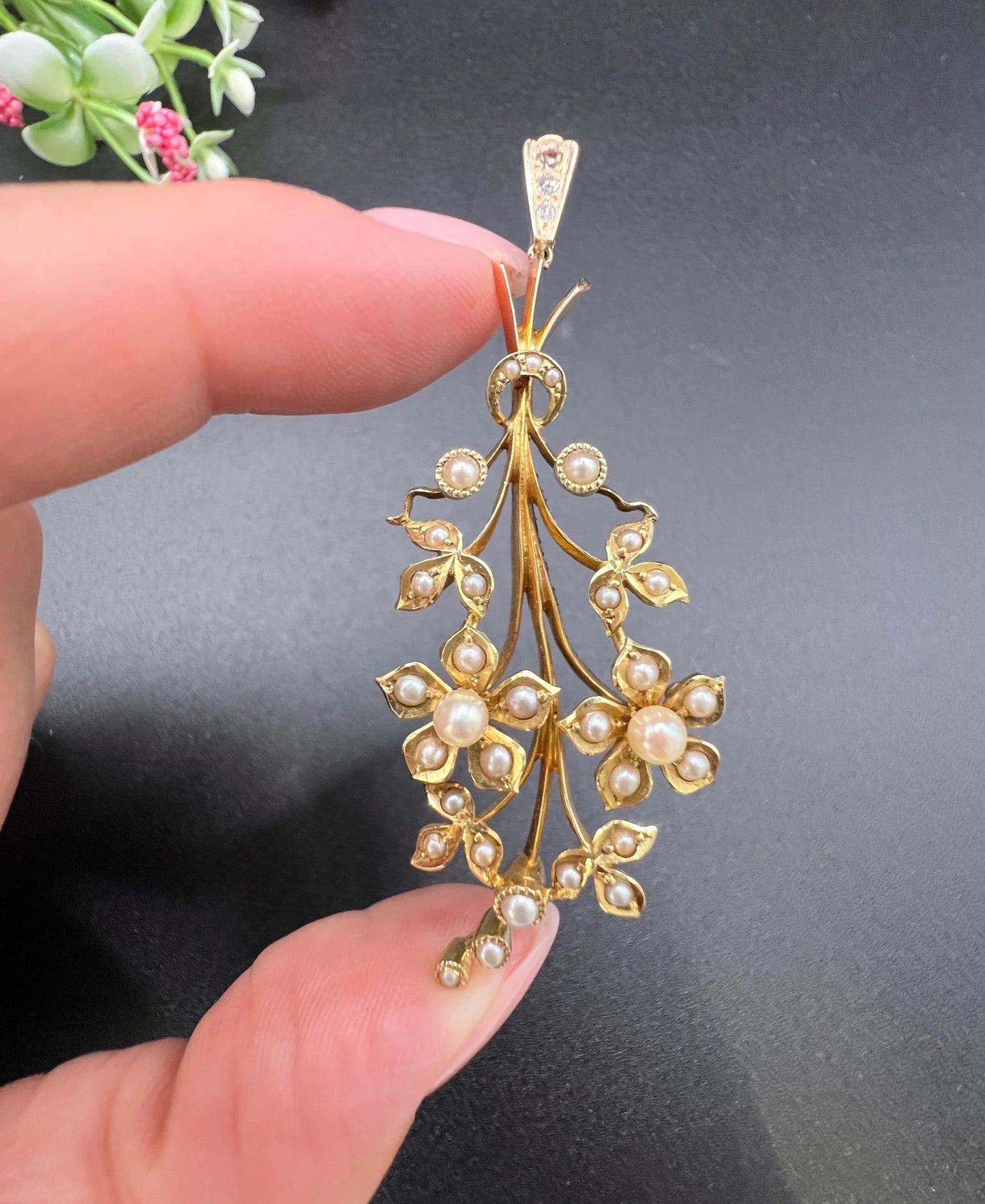 Antique 15 Carat Yellow Gold Pearl and Diamond Flower Spray Bouquet Pendant, Circa 1900