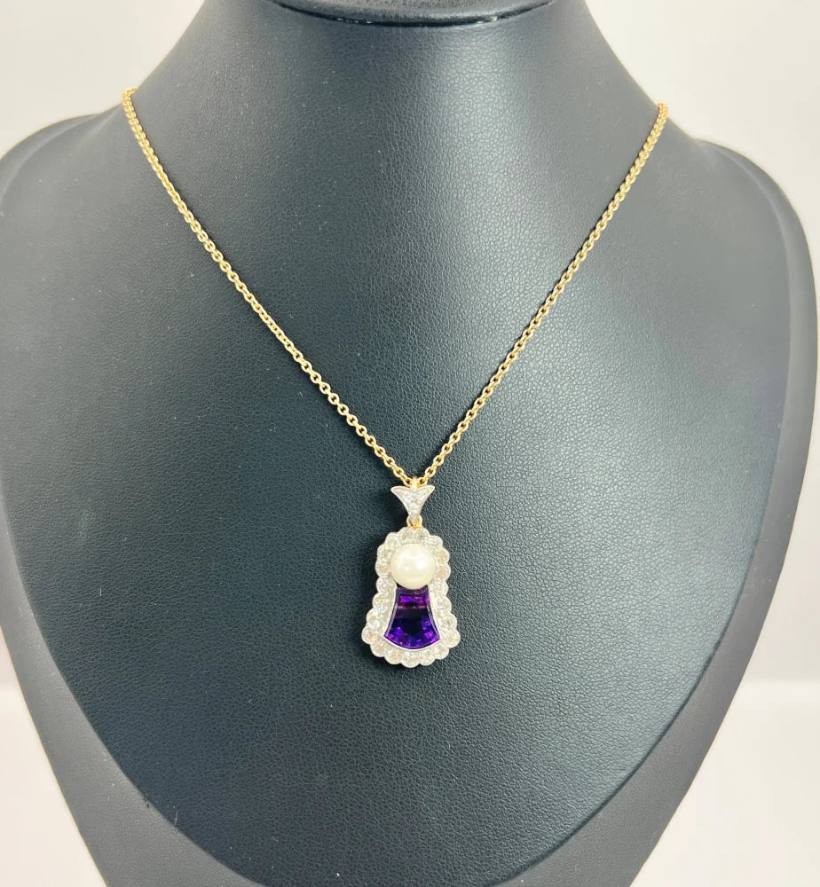 Antique Amethyst, Diamond And Pearl Pendant in 18 Carat Gold and Platinum