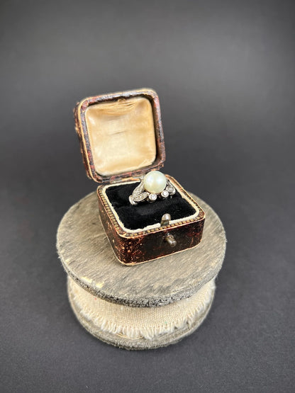 Antique 18ct White Gold, Edwardian Cultured Pearl & Old Cut Diamond Ring