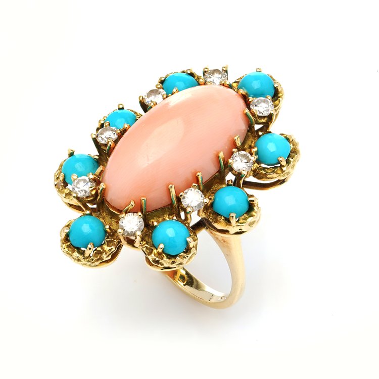Ben Rosenfeld Angel Skin Coral, Turquoise and Diamond Cluster Ring