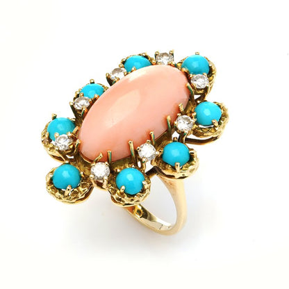 Ben Rosenfeld Angel Skin Coral, Turquoise and Diamond Cluster Ring