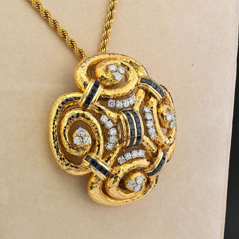 David Webb Ancient World Collection 7ct Sapphire 6.40ct Diamond and Gold Pendant come Brooch