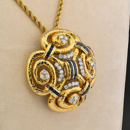 David Webb Ancient World Collection 7ct Sapphire 6.40ct Diamond and Gold Pendant come Brooch