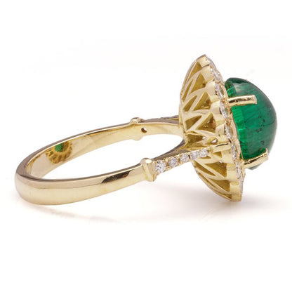 Vintage 6.31ct Oval Cabochon Zambian Emerald and Diamond Cluster Ring