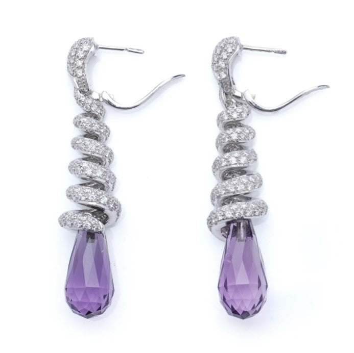 Briolette Cut Amethyst and Diamond Spiral Drop Earrings