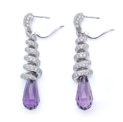 Briolette Cut Amethyst and Diamond Spiral Drop Earrings