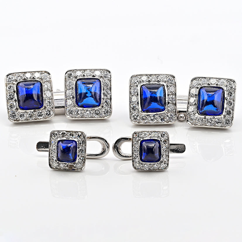 Vintage 11.40ct Sugarloaf Sapphire and Diamond Cluster Cufflinks Suite Dress Set