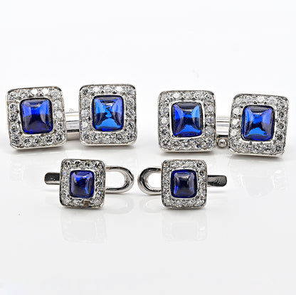 Vintage 11.40ct Sugarloaf Sapphire and Diamond Cluster Cufflinks Suite Dress Set