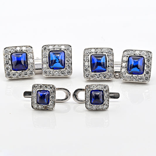 Vintage 11.40ct Sugarloaf Sapphire and Diamond Cluster Cufflinks Suite Dress Set