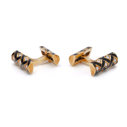 Vintage Tiffany and Co 18ct Yellow Gold Cufflinks with Black Enamel and Diamonds