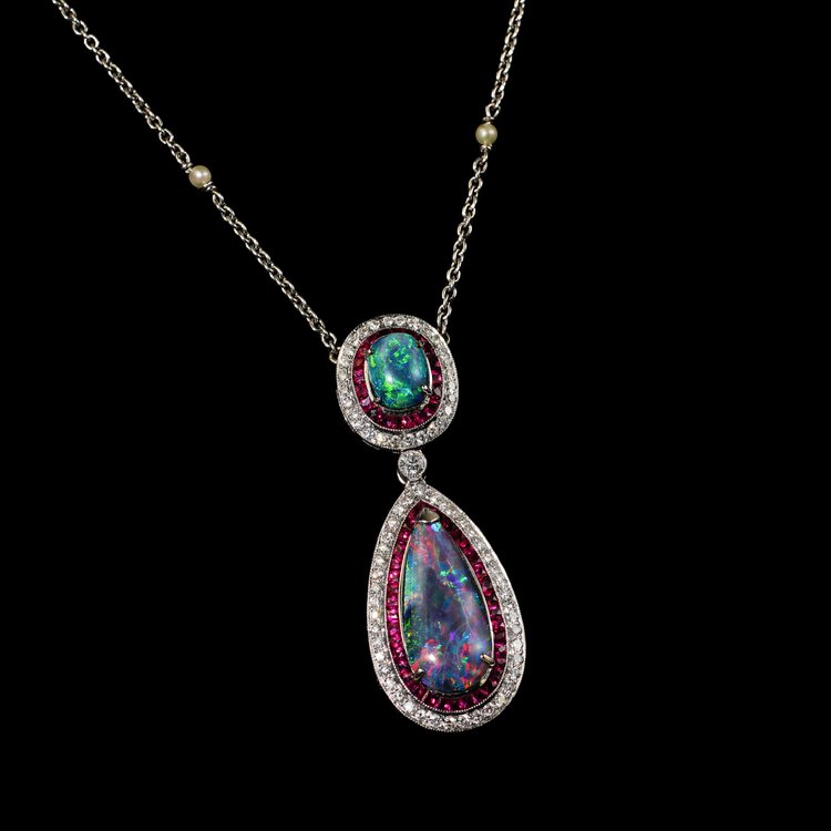 Vintage Black Opal Pendant with Rubies and Diamonds