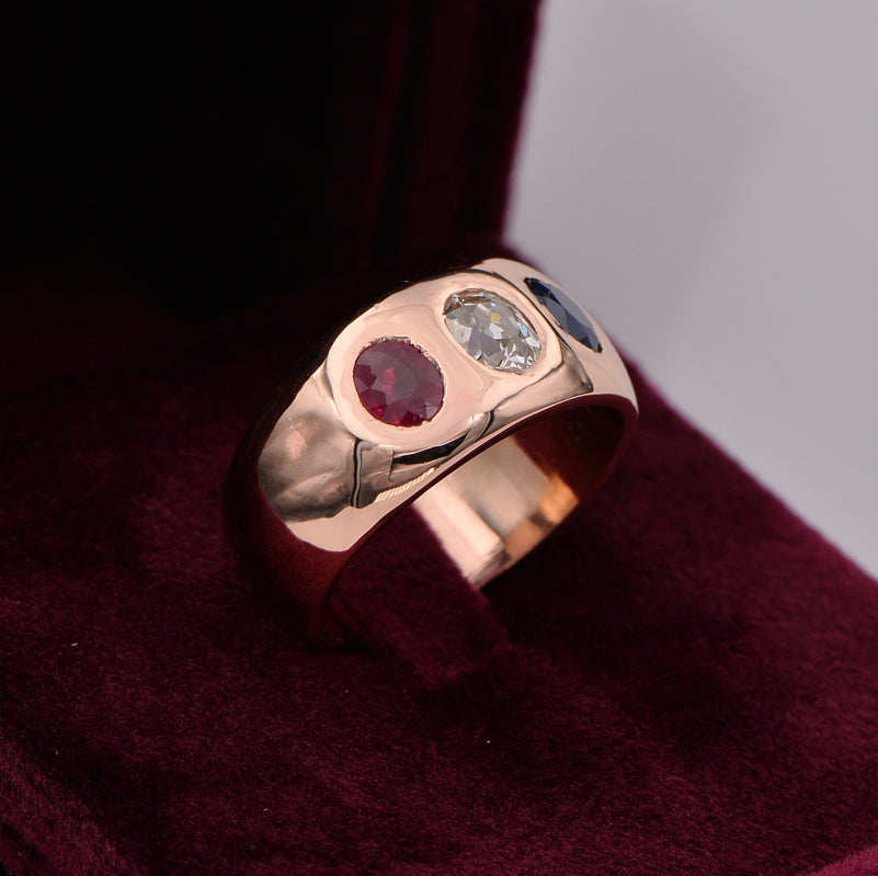 Victorian Antique 0.70ct Old Mine Cut Diamond Ruby Sapphire Three Stone Band Ring