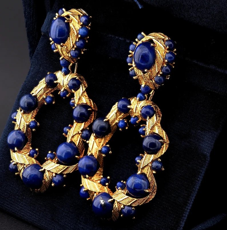 Vintage Retro Lapis Lazuli and 18ct Yellow Gold Earrings